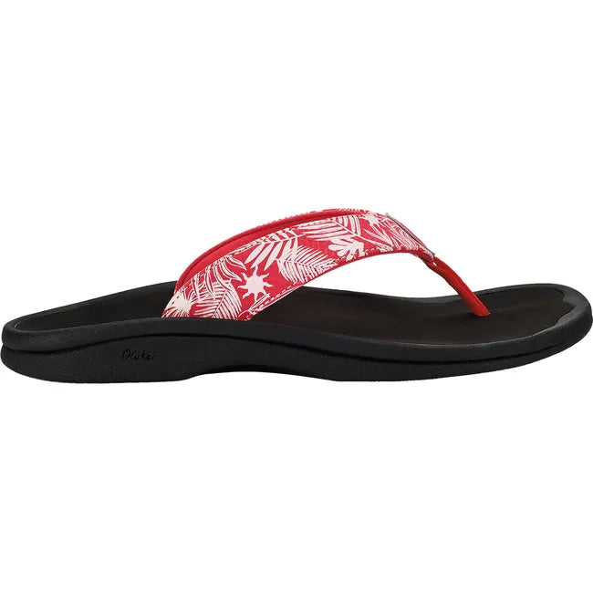Lateral side of Women&#39;s Olukai Ohana Flip Flop with Lehua Flower Red upper and Black sole