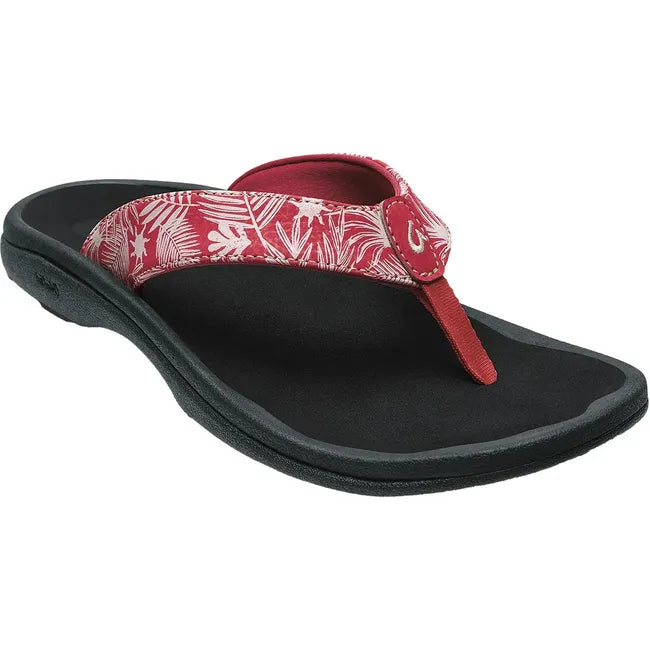 Front angled view of Women's Olukai Ohana Flip Flop with Lehua Flower Red upper and Black sole