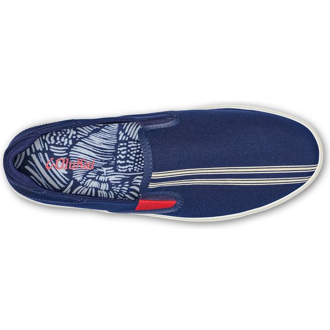 Top down view of Men's Olukai Laeahi shoe in Navy with red accents. Two white stripes on upper