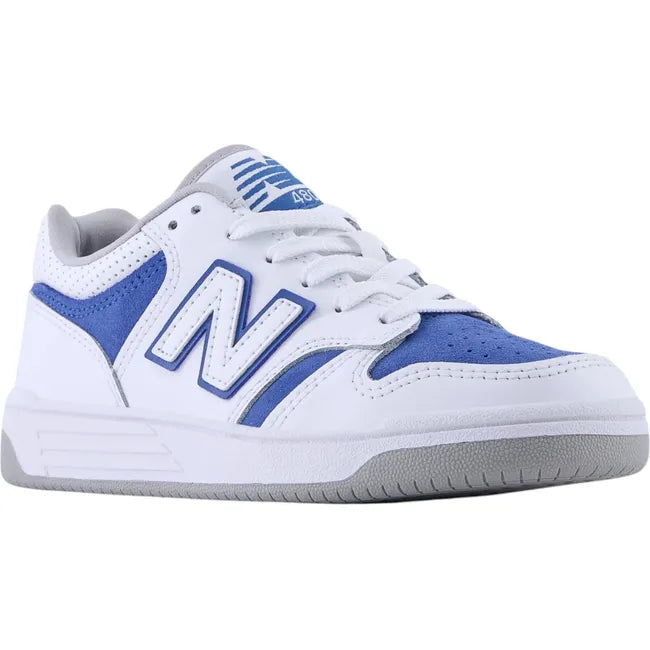 Front angled view of New Balance Little Kids' 480 Lifestyle Shoe in White and Blue