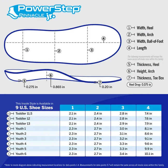 PowerStep Kids&#39; Pinnacle Junior Orthotic Insole size chart