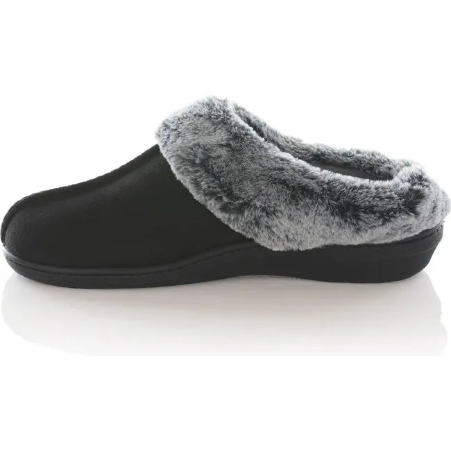 Angled medial side of PowerStep Women&#39;s Clog Slipper in Black