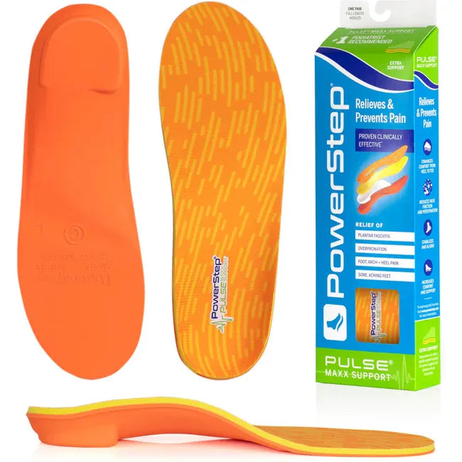 Orange Unisex PowerStep Pulse Maxx Orthotic Insoles showing upper, sole, and box