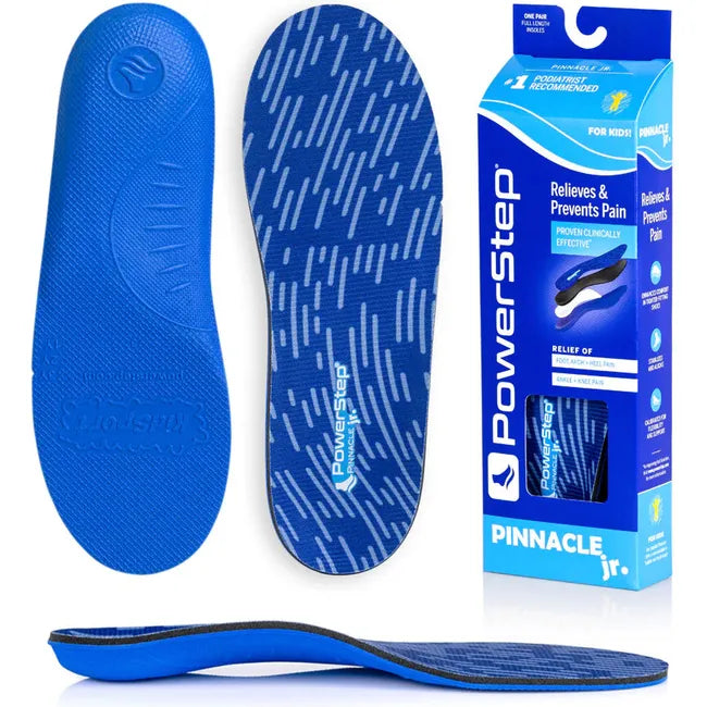 Blue PowerStep Kids' Pinnacle Junior Orthotic Insole showing upper, sole, and box