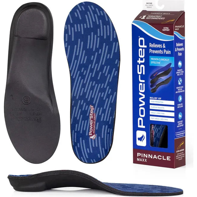 Upper, sole, and box of Unisex PowerStep Pinnacle Maxx Orthotic Insoles