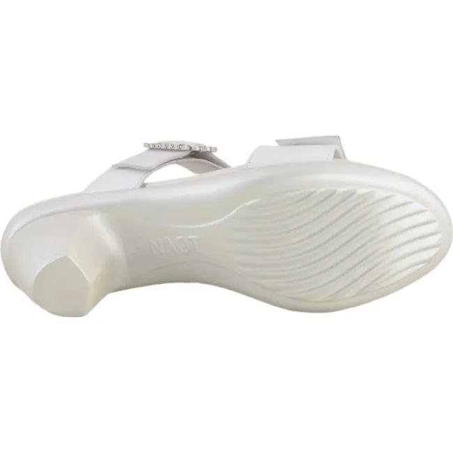 Sole view of a Naot Women's Recent slide heel sandal in white pearl leather, showcasing the TPR sole with a 2-inch heel design.