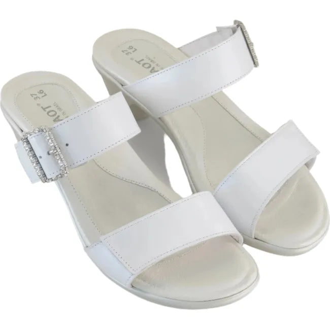 Overhead view of a pair of Naot Women's Recent slide heel sandals in white pearl leather, featuring no backstraps for easy slip on, jeweled buckles on front padded instep straps, and hook-and-loop velcro on all straps.