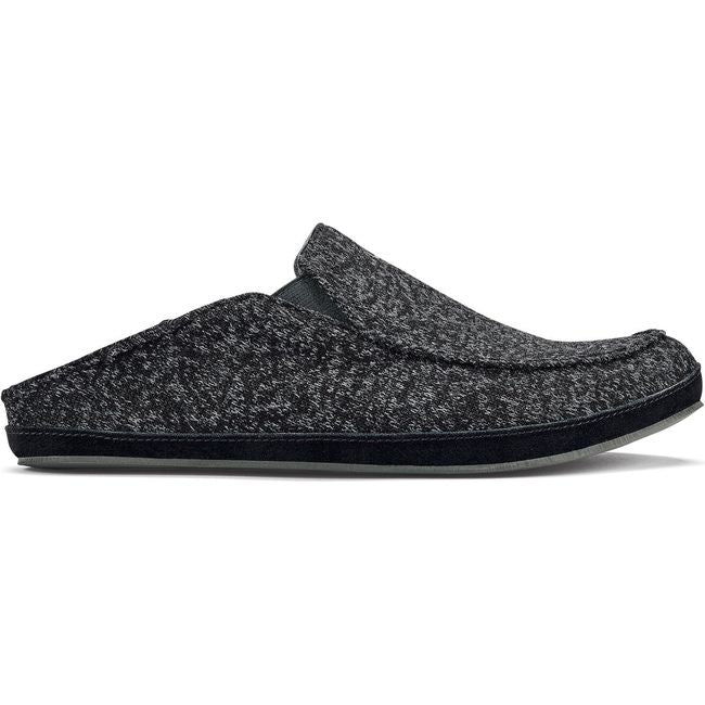 Lateral side of a black Men's Olukai Moloa Hulu Slipper with signature Drop in Heel down