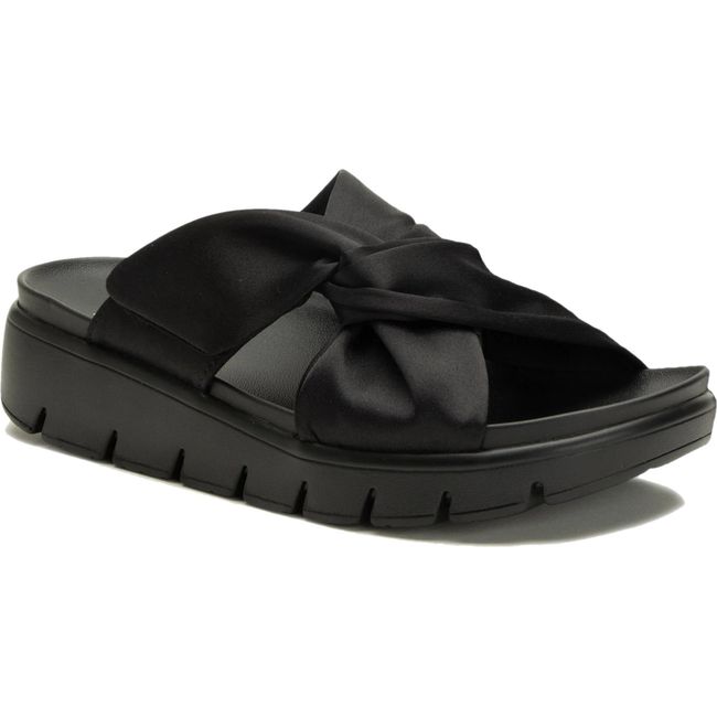 Front angled view of Women's Alegria Rylie knotted satin slide sandal in black with velcro strap