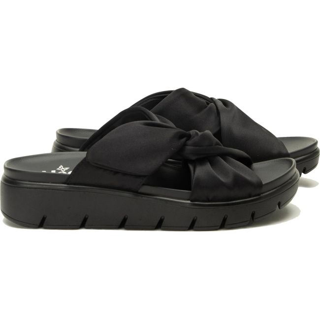 Lateral side of a pair of Womens Alegria Rylie knotted satin slide sandal in black with velcro strap