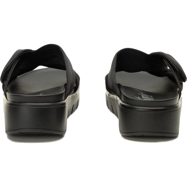 Heels of Women's Alegria Rylie knotted satin slide sandals in black with velcro strap