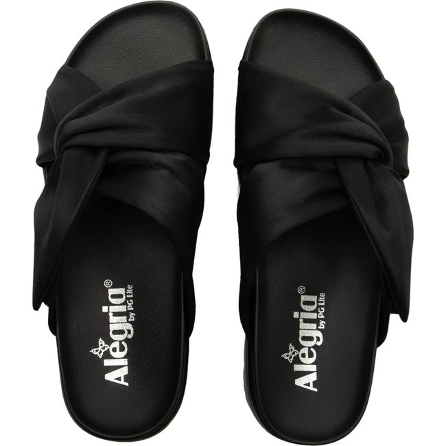 Top down view of Women's Alegria Rylie knotted satin slide sandal in black with velcro strap