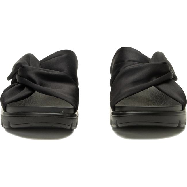 Front of Women's Alegria Rylie knotted satin slide sandals in black with velcro strap