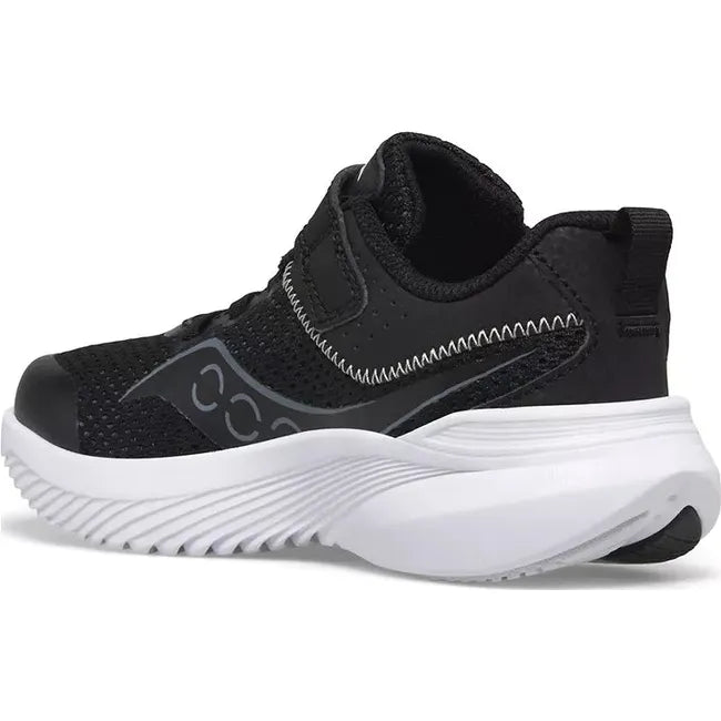 Medial side of Saucony Kids' Kinvara 14 AC Sneaker in Black with a white sole and velcro strap