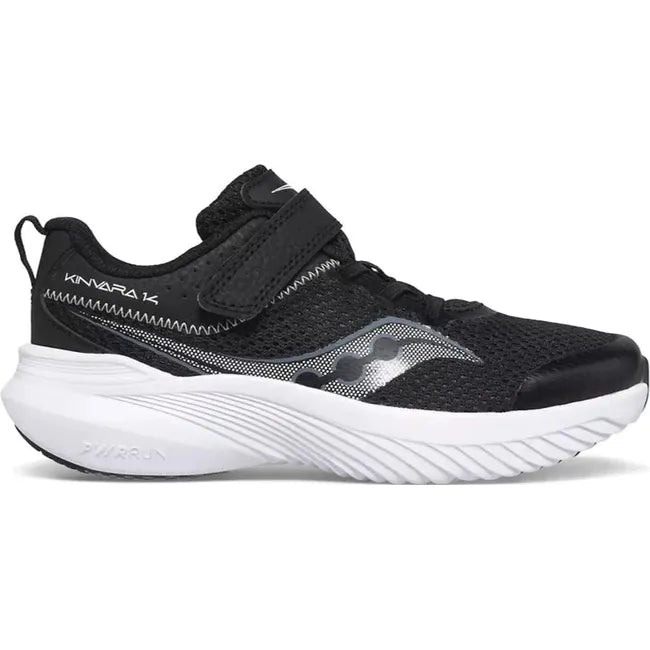 Lateral side of Saucony Kids' Kinvara 14 AC Sneaker in Black with a white sole and velcro strap