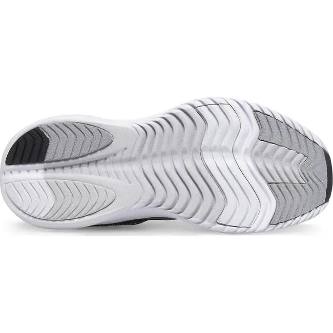 Sole of Saucony Kids' Kinvara 14 AC Sneaker with a white sole and gray and white tread