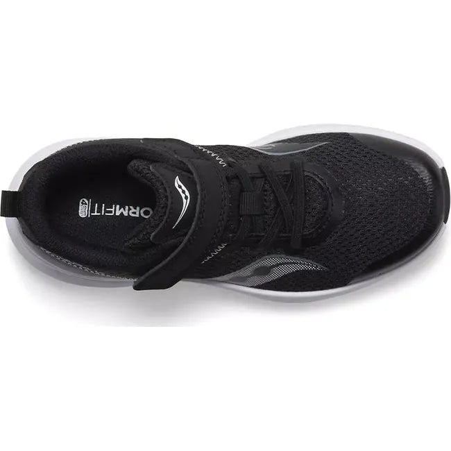 Top down side of Saucony Kids' Kinvara 14 AC Sneaker in Black with a white sole and velcro strap