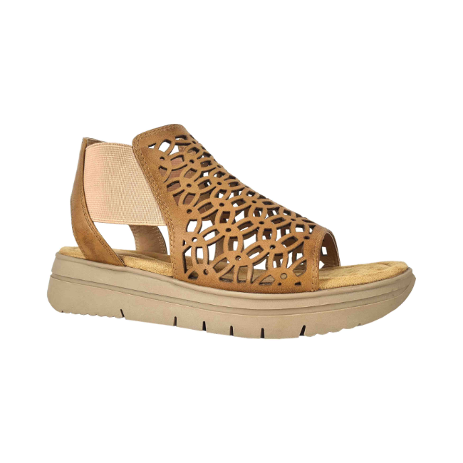 Front angled view of Salvia Women's Addison Cutout Sandal in tan calf leather