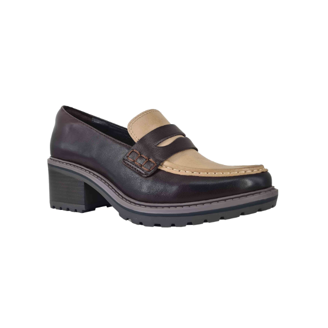 Front angled view of Salvia Women's Morgan Loafer in cafe brown and sand leather