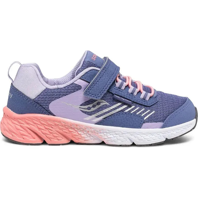 Lateral side of Kids Saucony Wind Shield A/C Sneaker in Purple Lavender and Coral