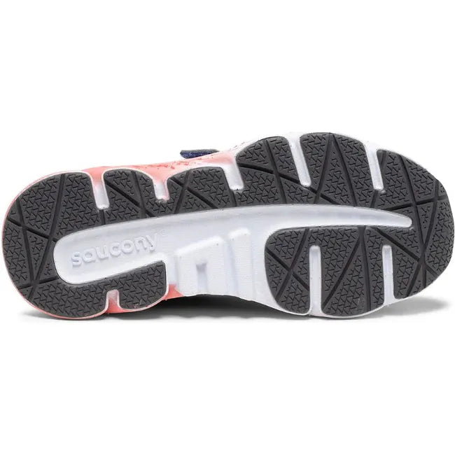 Sole of Kids Saucony Wind Shield A/C Sneaker in Purple Lavender and Coral with black tread