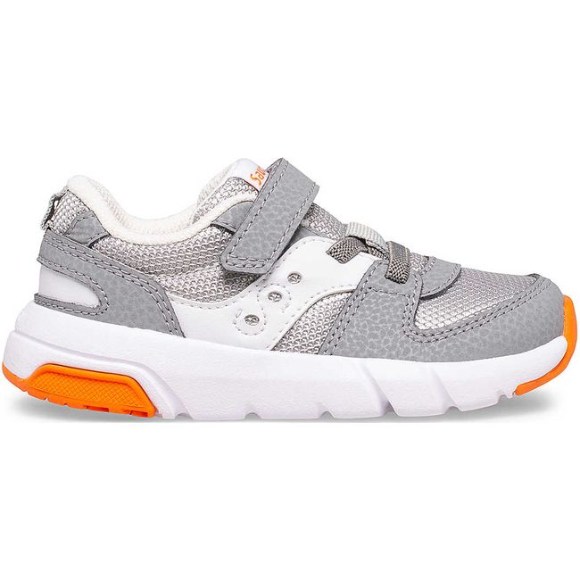 Lateral side of Kids Saucony Jazz Lite 2.0 Sneaker in Grey with velcro strap and orange accents