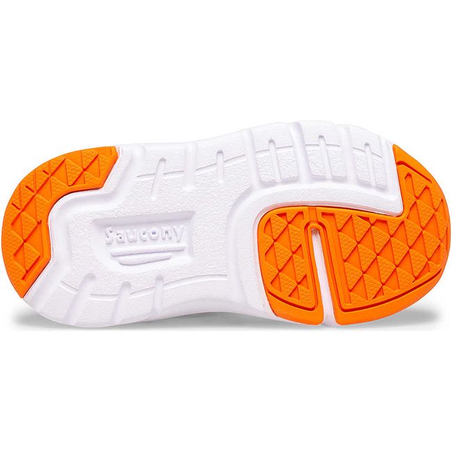 Sole of Kids Saucony Jazz Lite 2.0 Sneaker in Grey with a white sole and orange tread accents