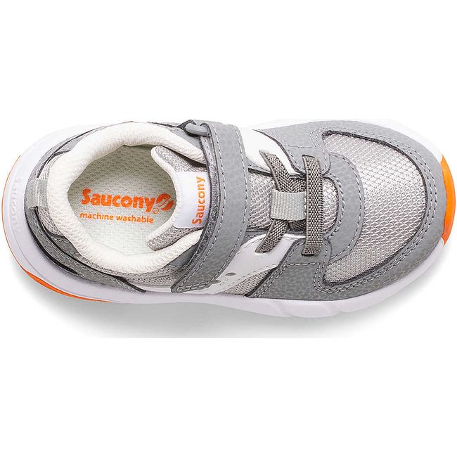 Top down view of Kids Saucony Jazz Lite 2.0 Sneaker in Grey with velcro strap and orange accents
