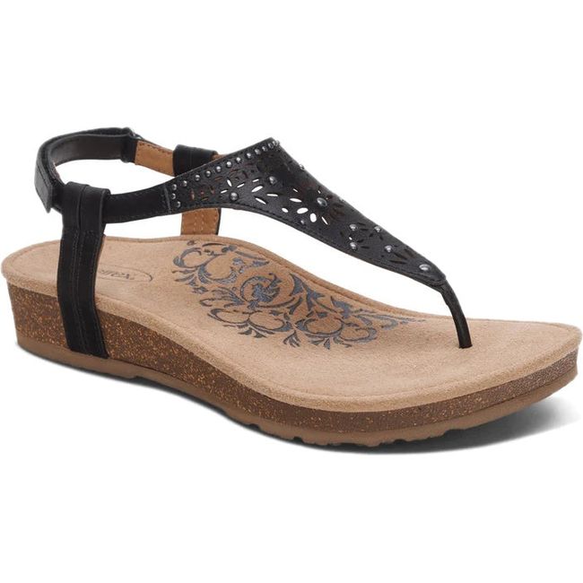 Front angled view of Women's Aetrex Evelyn arch Support Thong Sandal in Black