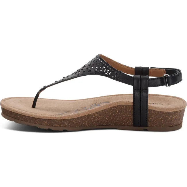 Medial side of Womens Aetrex Evelyn arch Support Thong Sandal in Black with an adjustable backstrap