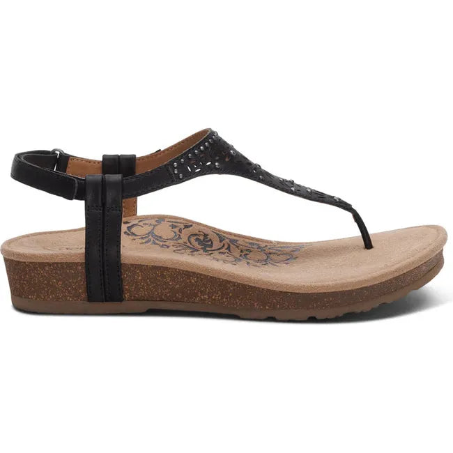 Lateral side of Womens Aetrex Evelyn arch Support Thong Sandal in Black with an adjustable backstrap