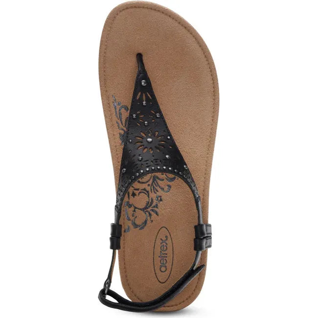 Top down view of Womens Aetrex Evelyn arch Support Thong Sandal in Black with a velcro backstrap