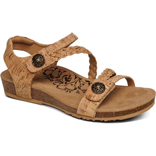 Front angled view of Women's Aetrex Jillian Arch Support Sandal in Cork tan with back strap