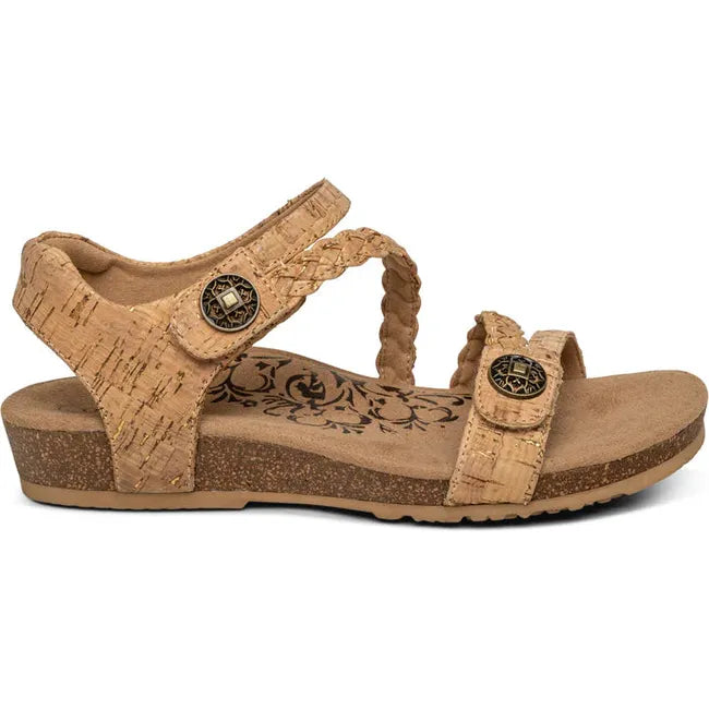 Lateral side of Women's Aetrex Jillian Arch Support Sandal in Cork tan with back strap