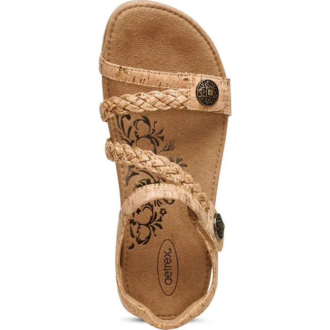Top down view of Women's Aetrex Jillian Arch Support Sandal in Cork tan with adjustable straps