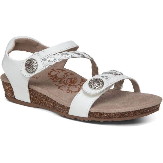 Front angled view of Women's Aetrex Jillian Arch Support Sandal in white with back strap