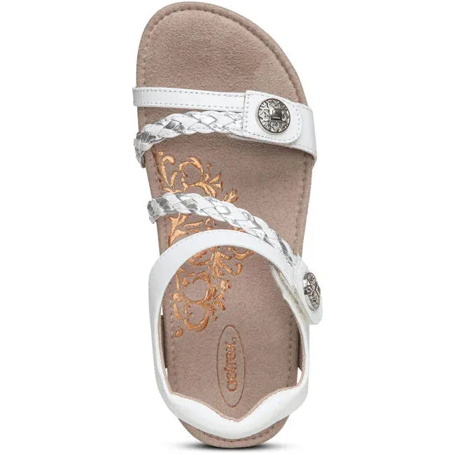 Top down view of Women's Aetrex Jillian Arch Support Sandal in white with adjustable straps