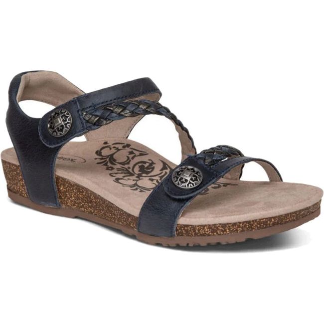Front angled view of Women's Aetrex Jillian Arch Support Sandal in Navy blue with back strap