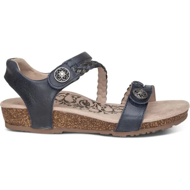 Lateral side of Women's Aetrex Jillian Arch Support Sandal in Navy blue with adjustable straps