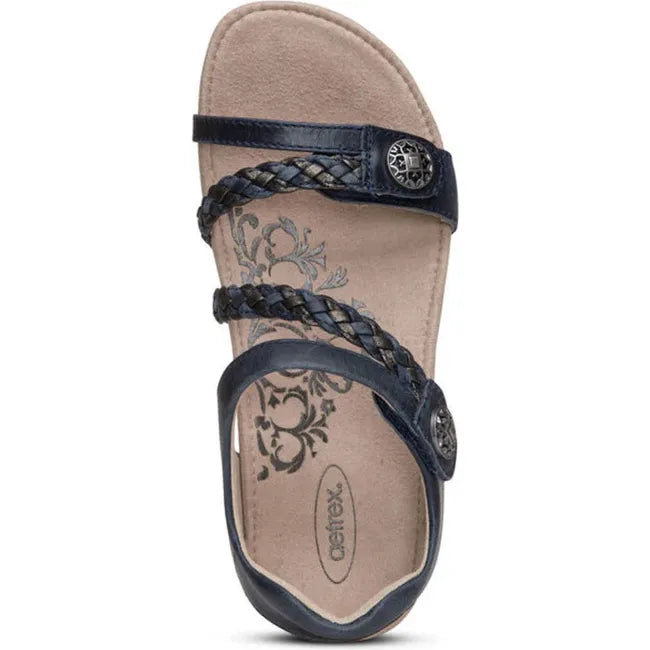 Top down view of Women's Aetrex Jillian Arch Support Sandal in Navy blue with adjustable straps