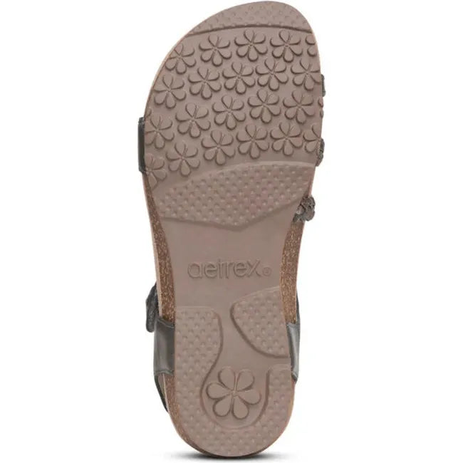 Sole of Women's Aetrex Jillian Arch Support Sandal in Gunmetal metallic gray upper