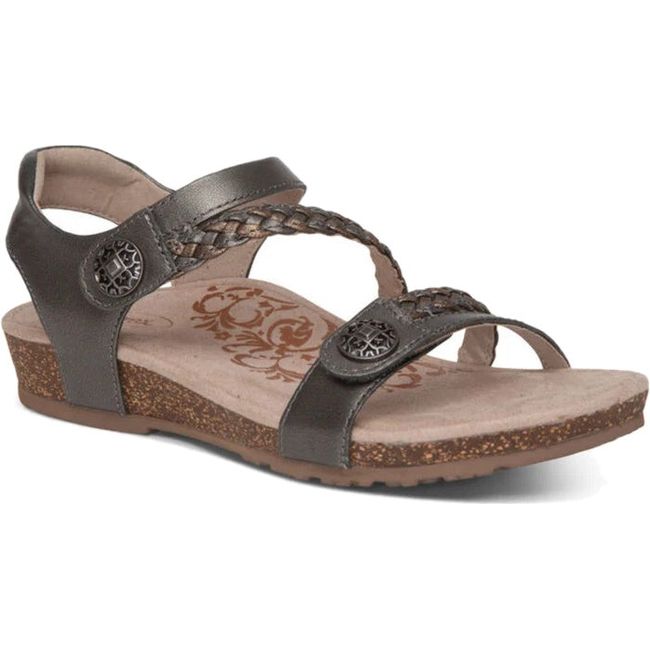 Front angled view of Women's Aetrex Jillian Arch Support Sandal in Gunmetal metallic gray