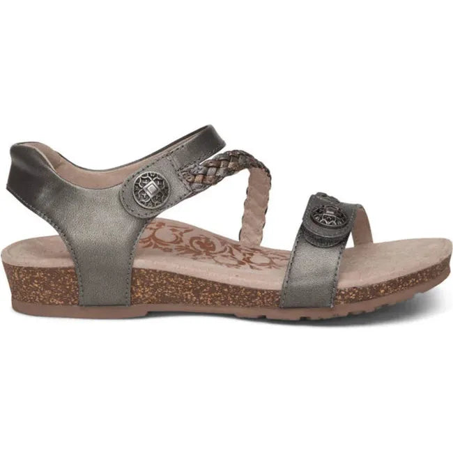 Lateral side of Women's Aetrex Jillian Arch Support Sandal in Gunmetal metallic gray