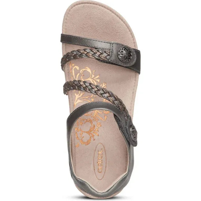 Top down view of Women's Aetrex Jillian Arch Support Sandal in Gunmetal metallic gray