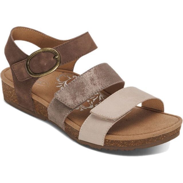 Front angled view of Women's Aetrex Lilly Arch Support Sandal in taupe leather with backstrap