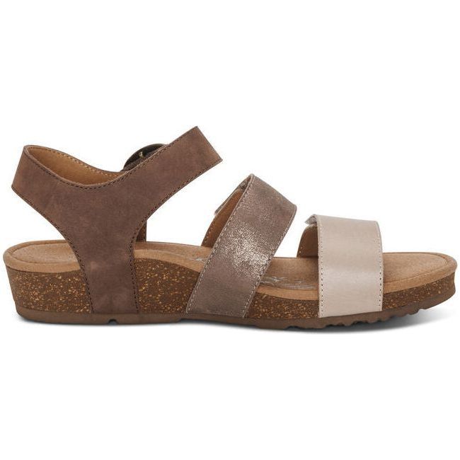 Lateral side of Women's Aetrex Lilly Arch Support Sandal in taupe leather with velcro straps