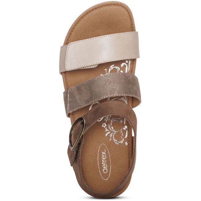 Top down view of Women's Aetrex Lilly Arch Support Sandal in taupe leather with velcro straps