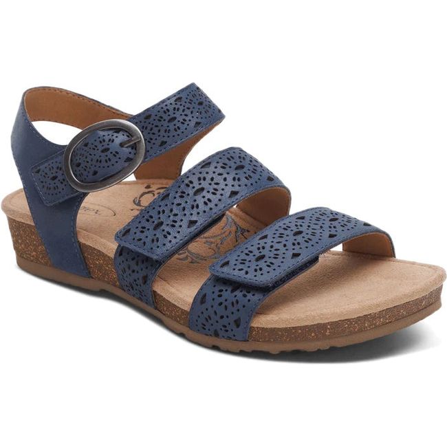 Front angled view of Women's Aetrex Lilly Arch Support Sandal in Navy Cutout leather with backstrap