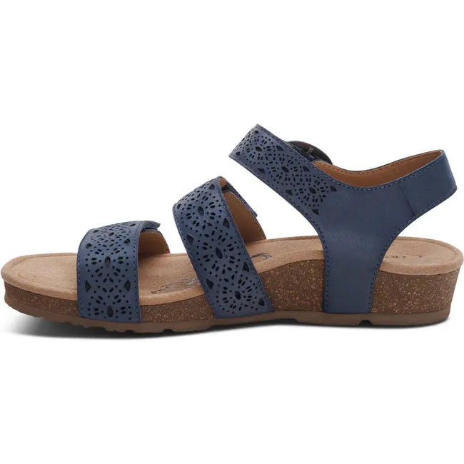 Medial side of Women's Aetrex Lilly Arch Support Sandal in Navy Cutout leather with velcro straps