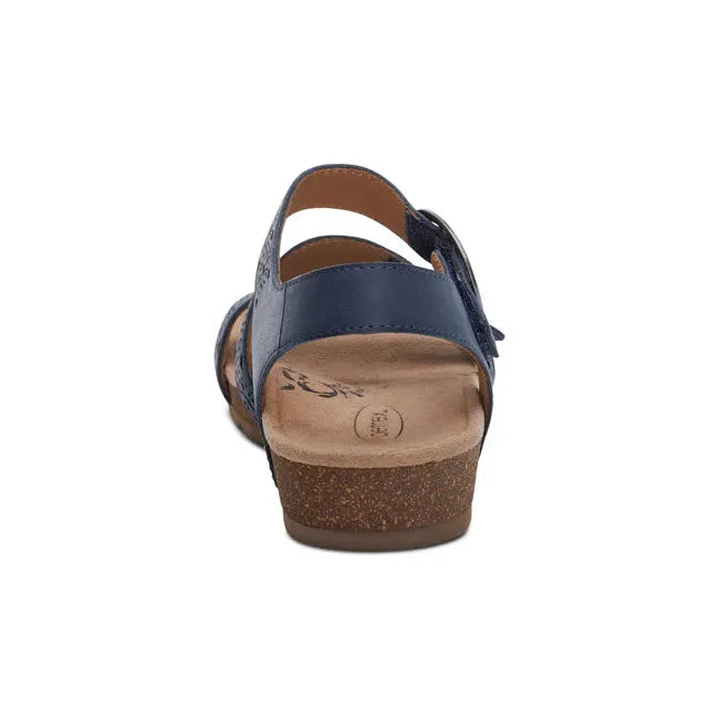 Heel of Women's Aetrex Lilly Arch Support Sandal in Navy Cutout leather with velcro straps